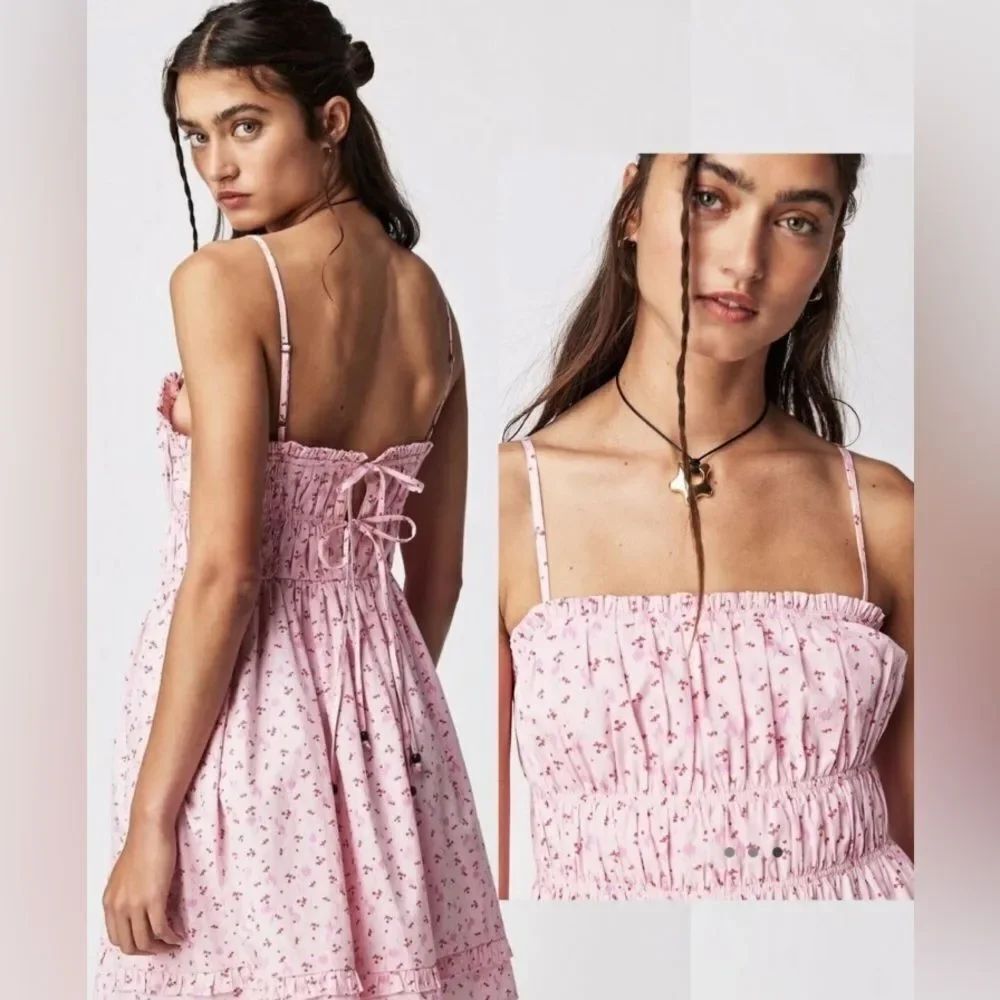 Free People Gabby Mini Dress Pink Cherry 🍒 Blossom Smocked tie back adjustable